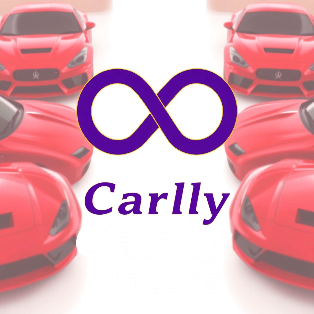 A minimal logo with a purple "C,M" litter morphed inside an infinity symbol. Below the logo, the text "Carlly Motors " is written in a modern, golden border,3D,sans-serif font. The logo is centered and has a negative space around it. The design follows the golden ratio and has a flat2d style. The background is red luxury cars .