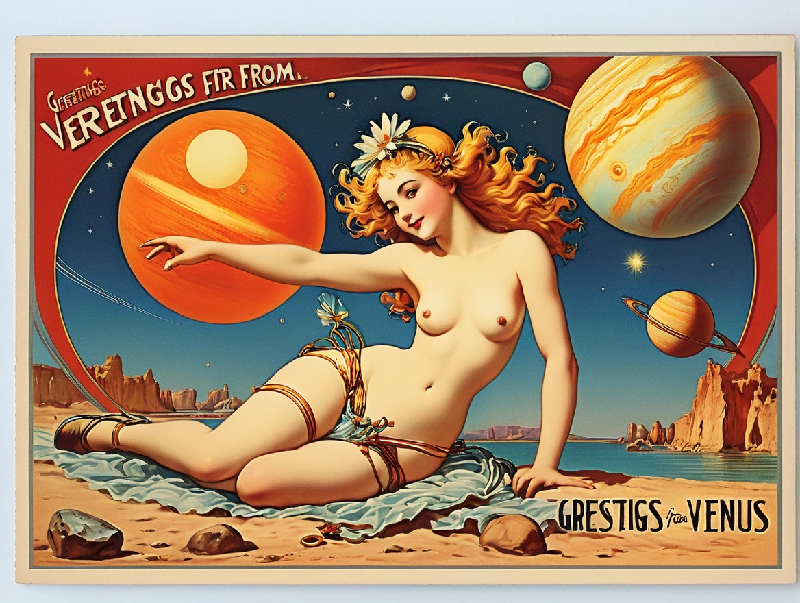 Postcard with text "Greetings from Venus", vintage postcard style,