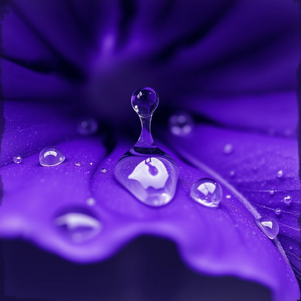 Splashing purple liquid, close-up, purple rain falling on violets, macro photo focus on splashing purple raindrops on the violet petal, in the style of Robert Crumb, Stanley George Miller, and Arnulf Rainer. Cyanotype photo