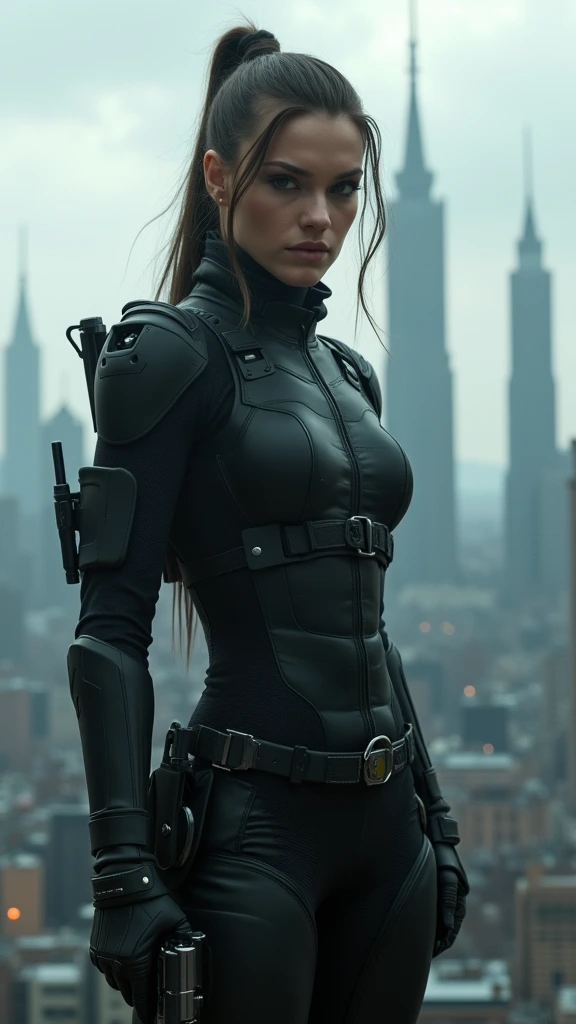 A close-up portrait of a serious woman with pulled-back hair in a futuristic black tactical suit, holding a pistol. She stands in front of a sprawling sci-fi cityscape with towering skyscrapers and spires reaching into a cloudy sky. The image has a cool, muted color palette dominated by grays and blues.