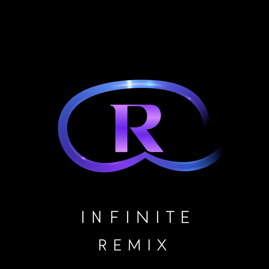 A Crystalline style black opal minimal logo with a purple "R" letter morphed inside an infinity symbol. Below the logo, the text "INFINITE REMIX" is written in a modern, sans-serif font. The logo is centered and has a negative space around it. The design follows the golden ratio and has a flat2d style. The background is black.