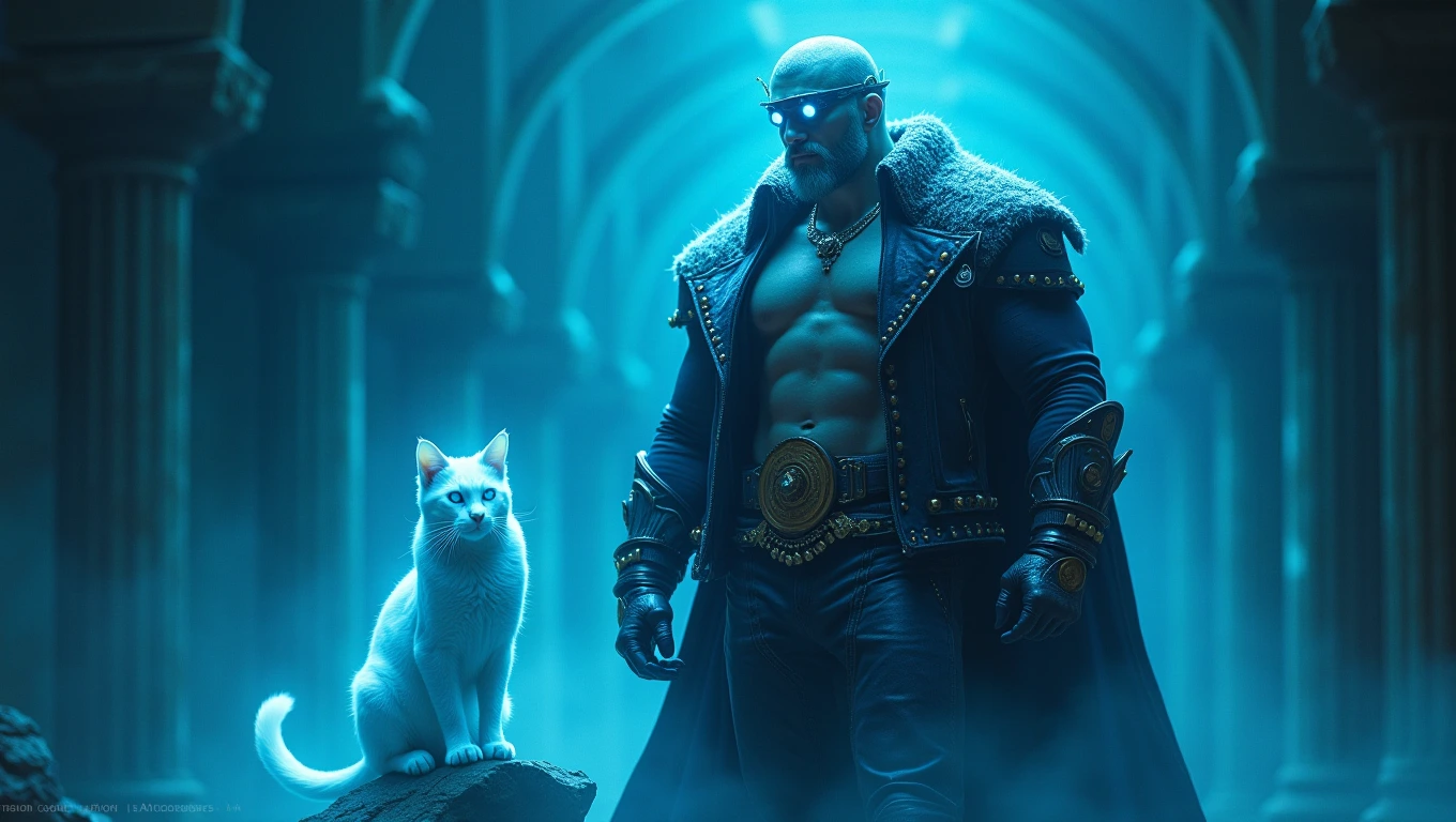 A handsome Enricesar steampunk EnriCesar prince, blue neon eyes, shirtless, very muscular adorned with a dark blue leather suit studded with gold rivets. big ice crown, Flurry, short hair lit, trim short beard, massive musclepunk body. By his side his friend is a luminous ice white cat with blue neon eyes in wild pose. The prince stands in a dark, ominous world reminiscent of Dark Souls, surrounded by crumbling gothic architecture and eerie swirling fog. The prince emanates a mysterious and otherworldly ice aura, his surroundings bathed in an ethereal and eerie glow, casting dramatic shadows across the scene. A photorealistic depiction featuring detailed textures of ice and a high contrast between light, cold and shadow, enhancing the prince's fantastical and haunting presence. 8k hyper detailed. In the style of Albrecht Durer, Arnulf Rainer, and Jeremy Moon