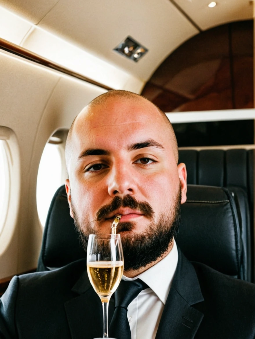 man drinking champagne on a private jet