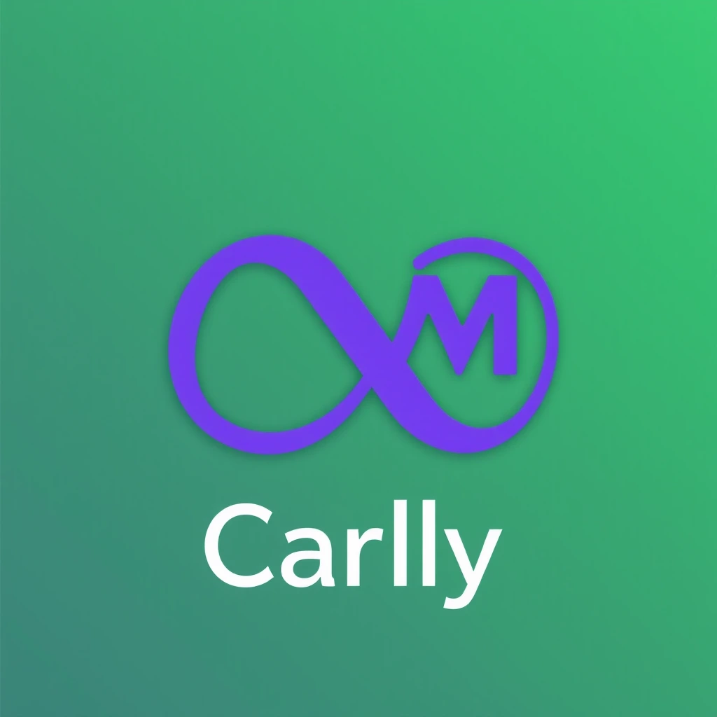 A minimal logo with a purple "C,M" litter morphed inside an infinity symbol. Below the logo, the text "Carlly " is written in a modern, sans-serif font. The logo is centered and has a negative space around it. The design follows the golden ratio and has a flat2d style. The background is green .