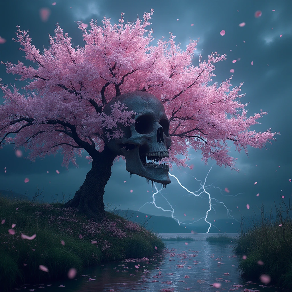 Generate a high-resolution, photorealistic image of a beautiful cherry tree in full bloom by a stream in a thunderstorm, petals floating and covering the surrounding ground. The windswept canopy against the stormy sky creates the illusion of a haunting visage, a demonic skull described by shifting light on the blossoms as the branches are blown by strong swirling winds.
, hyper-detailed, night, rendered in 8k resolution.