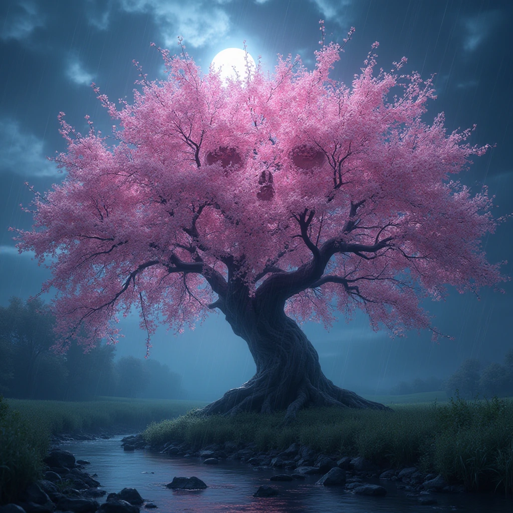 Generate a high-resolution, photorealistic image of a beautiful cherry tree in full bloom by a stream in a thunderstorm. The arrangement of windswept blossoms and boughs against the stormy sky creates the illusion of a haunting visage in the canopy, perhaps a demonic skull-like shape formed by flash lighting on the blossoms as the branches are blown by strong swirling winds
, hyper-detailed, moonlight, rendered in 8k resolution.