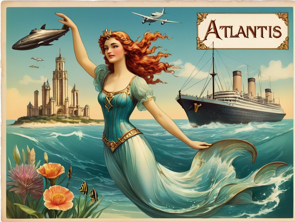 Postcard with text "Atlantis", vintage postcard style,