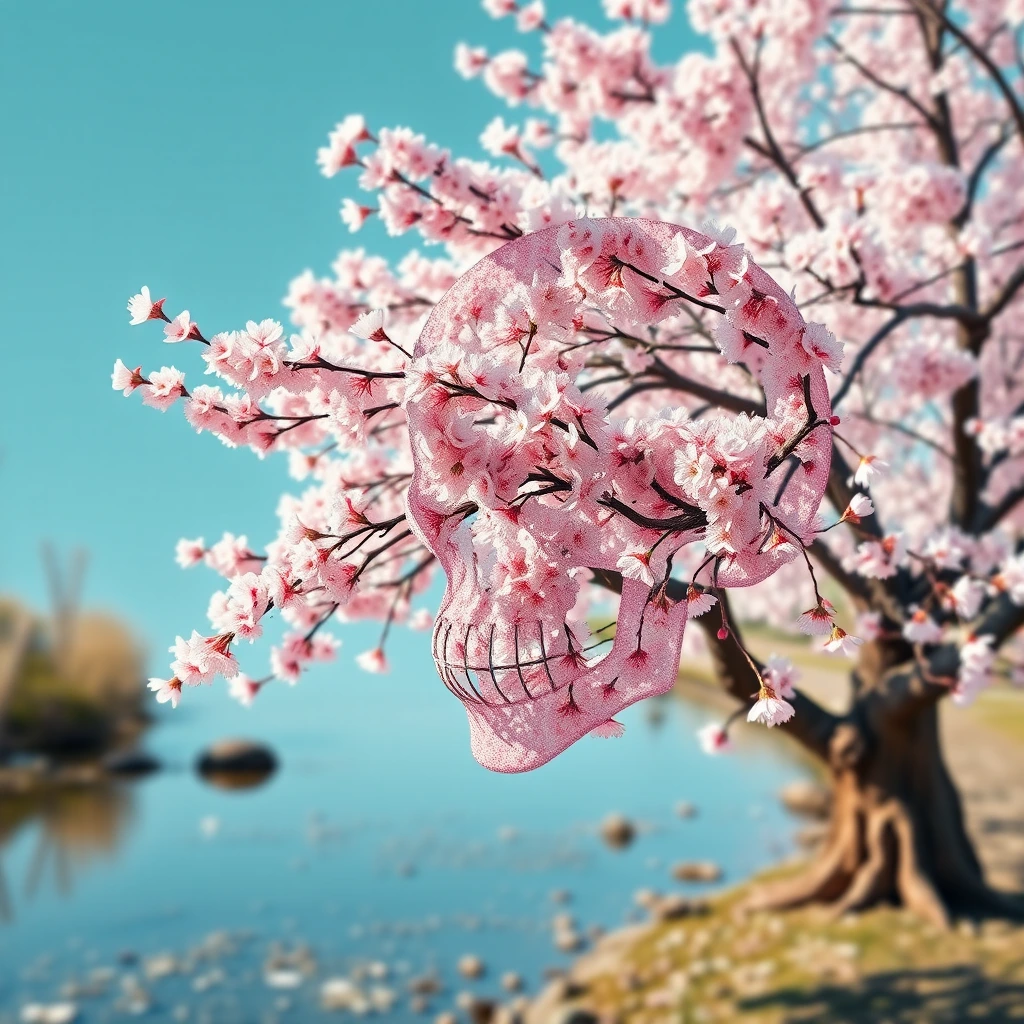 Generate a high-resolution, photorealistic image of a beautiful cherry tree in full bloom by a stream.
The illusion of a skull appears to be formed by the arrangement of windswept blossoms and boughs, as though through double exposure
, rendered in 8k resolution.