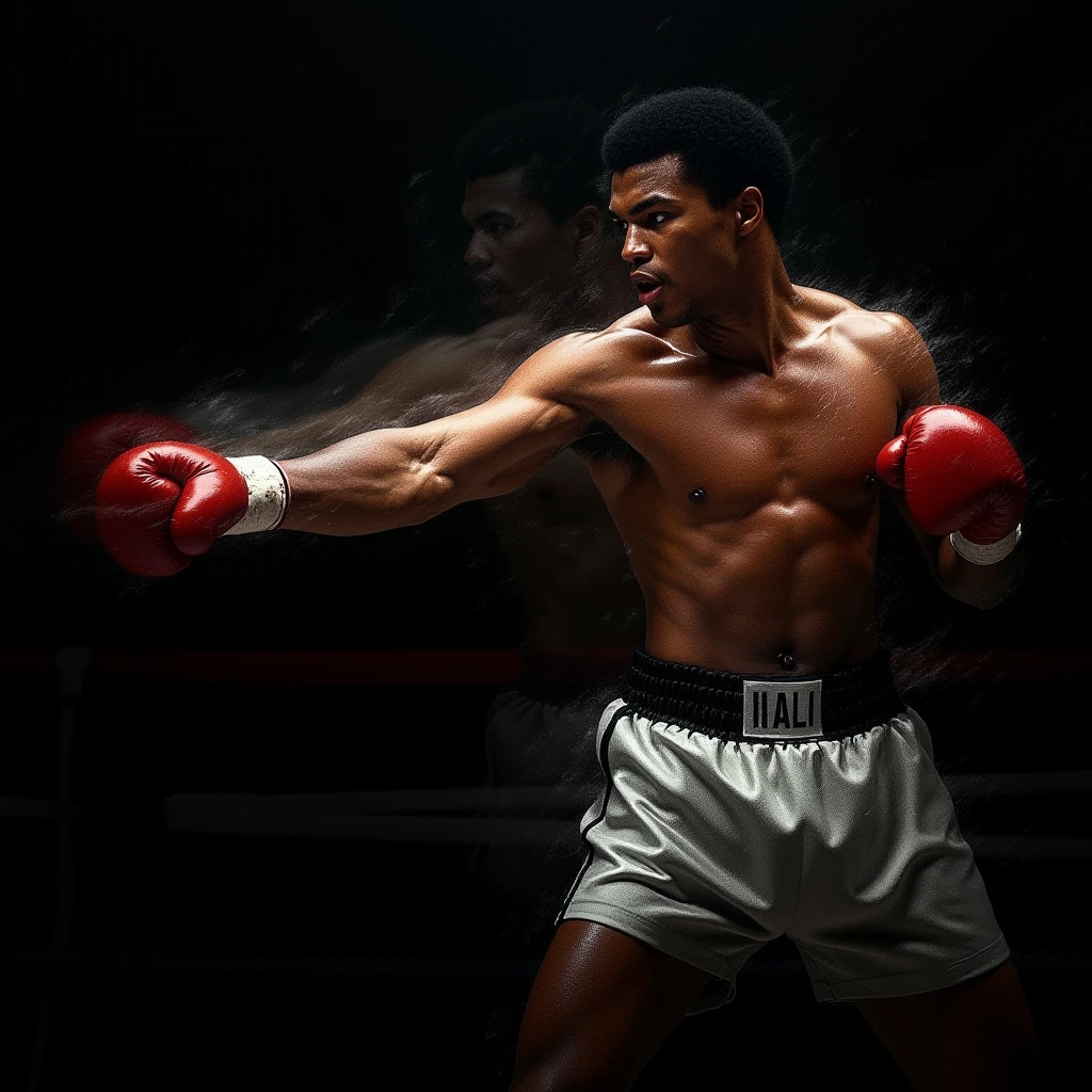 An artistic multiple exposure composition capturing the dynamic movement Muhammed Ali mid punch . The image showcases the Muhammad Ali in various stages of the punch as in a stop motion, blending together with flowing transitions. Each layer accentuates different moments of the punch, highlighting the fluidity, power, and control of the Ali. The overlapping layers create an abstract and energetic composition, emphasizing the grace and strength of the punching motion. Black dreamy background