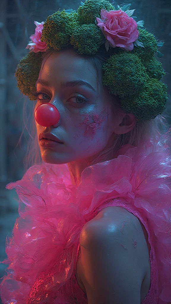 Neon colors, floral, unsettling, retro, vintage, glossy, satin-like, night-time, futuristic, iridescent, pink, clown nose, futuristic fashion, scary broccoli whimsical, fantasy, green latex, dystopian, outdoors, metallic, hybrid, water, translucent, eerie, unsettling surrealism, muted colors horrorcore aesthetic [add buxom]