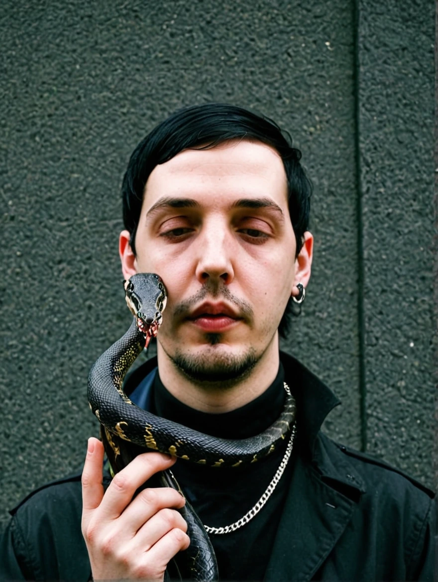 A male goth with piercings and a pet snake