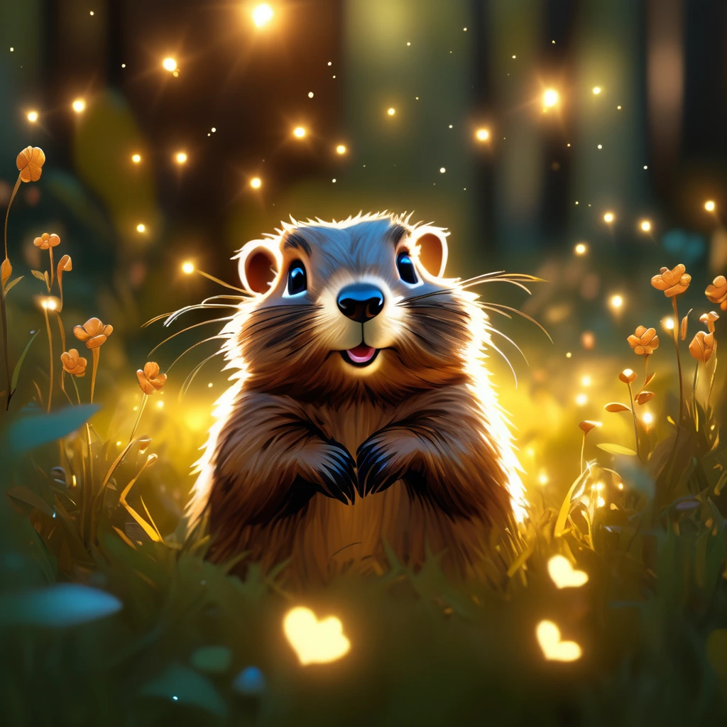 The cutest little [groundhog] you could ever imagine, whimsical, forest, sunny, golden hour lighting, fireflies, intricate masterpiece captured in crisp 16k