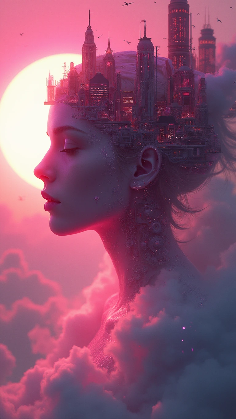 A big pink neon sign with the text "Flux Realism Demo", blurred cyberpunk background, A colossal serene woman's face emerges dramatically from a billowy sea of clouds, her features ethereal and breathtakingly beautiful. She is a giantess adorned with a steampunk city atop her head, with intricate gears and structures melding seamlessly into her neck and shoulders. The setting sun backlighting her profile casts a warm, golden glow, creating a dreamlike ambiance in this ethereal scene. The detail-rich cityscape on her head adds a whimsical and fantastical element, enhanced by Regencycore influences, The artwork is reminiscent of pulp-comic American illustrations, with dynamic poses and dramatic lighting adding a sense of mystery and allure to the scene.