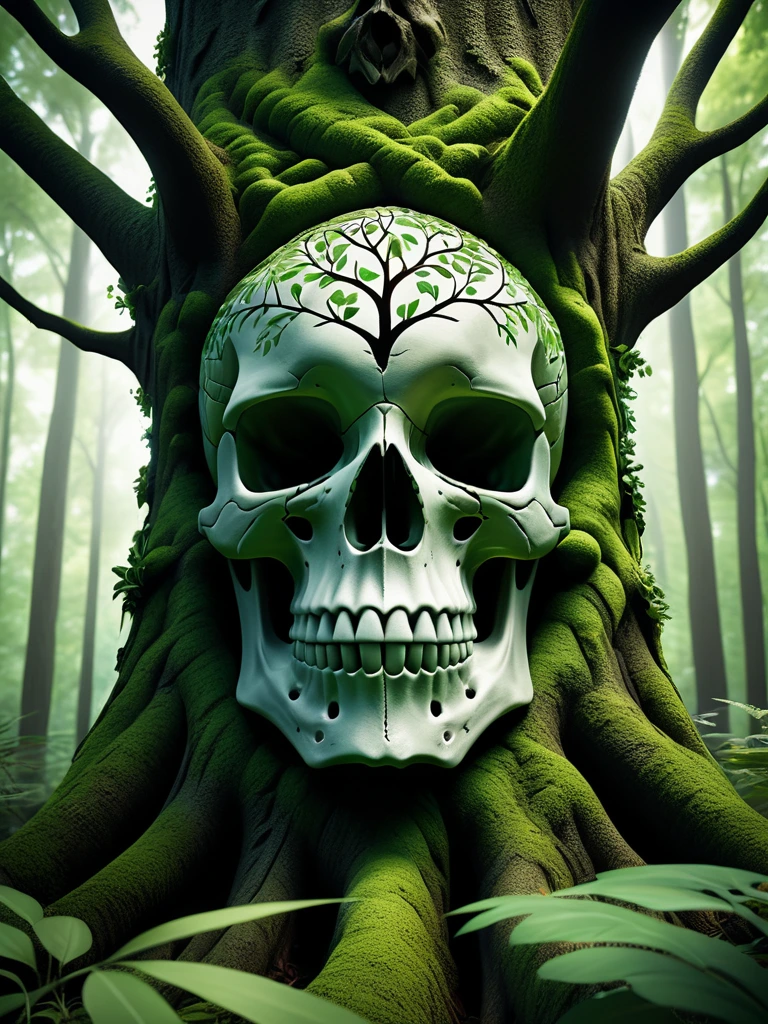 A breathtakingly realistic 8K resolution photograph of a large, lush tree in a tranquil forest setting. The dense canopy of green leaves at the top of the tree has been meticulously arranged to form the subtle yet unmistakable outline of a demonic skull face. The skull is crafted entirely from the natural shapes and textures of the leaves, with the background forest visible through the spaces between the leaves to create the impression of the skull's features. The design is remarkably intricate, requiring close inspection to fully discern the eerie visage hidden within the treetop. The lighting is natural and the details are crisp, creating a sense of photographic realism. Everything about the image, from the tree's majestic form to the unsettling skull hidden within, should captivate the viewer's attention.