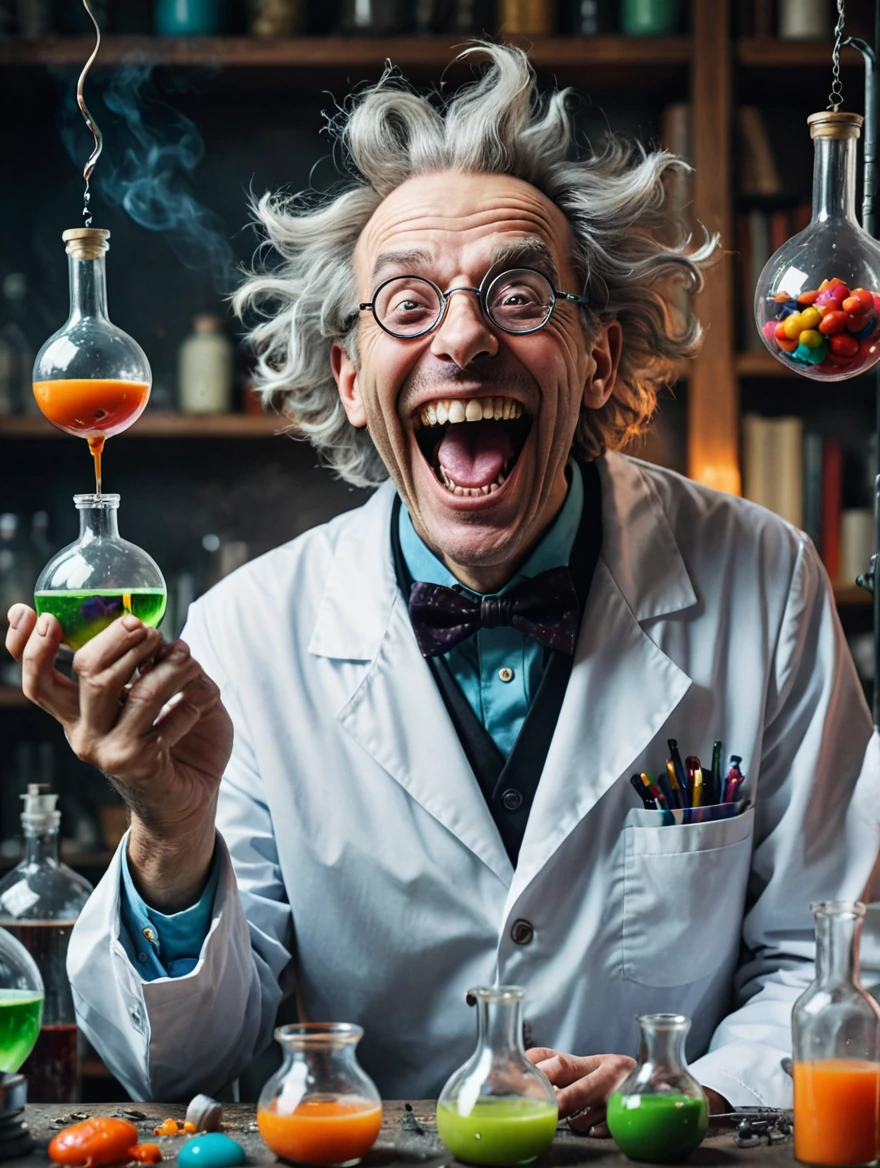 A mad scientist is laughing in joy at his monstrous creation spooky vibe, surrealist style, fantastical, magical, unexpected, super detail, dreamy lo-fi photography, colorful