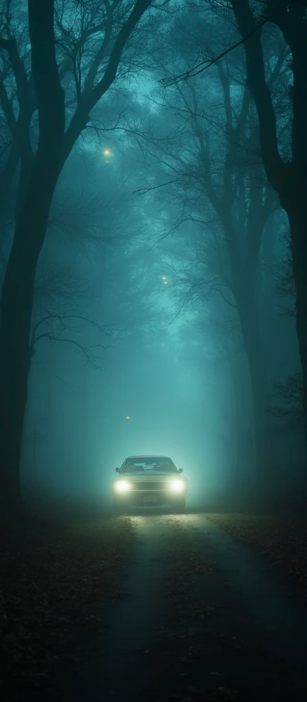 An astrophotograph of a creepy foggy tunnel formed by intermingled and tangled branches of tall trees, with a 1968s dodge charger zooming through the scene, kicking up a trail of autumn leaves from the road. The atmosphere is mystical and creepy  with soft, ethereal light filtering through the fog. The 1968s dodge charger's headlights cast beams through the mist, creating a sense of motion and speed. Stars faintly twinkle through gaps in the trees, adding a cosmic, dreamy element to the otherwise eerie, distophian woodland setting.