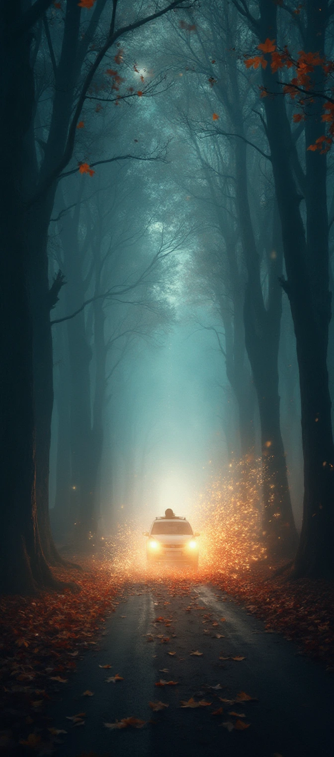 An enchanting astrophotograph capturing a misty tunnel created by the intertwined branches of towering trees, with a speeding car stirring up a whirlwind of autumn leaves. The mystical ambiance is enhanced by ethereal light filtering through the fog, illuminating a figure in motion as the car's headlights create a dynamic sense of speed. Faintly twinkling stars peek through the canopy, infusing the scene with a dreamy cosmic touch reminiscent of a Thomas Kinkade masterpiece.