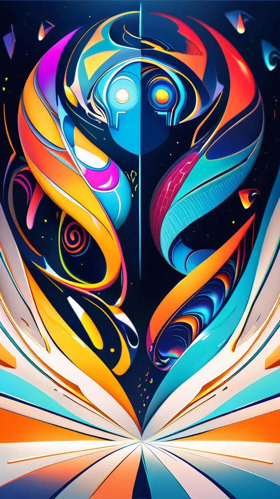 A surreal digital illustration of a stylized human face made up of abstract, fluid shapes, with a combination of smooth, flowing lines and sharp geometric edges. The left side of the face is formed by a mix of colorful, swirling liquid shapes in shades of glittery golden specks, purple, teal, and black, wet dripping down, while the right side features a more rigid cybernetic, white, sculpted form with digital and mechanical features. The lips are bright red and glossy, positioned centrally, creating a striking focal point. The background is an eerie prison cell red graffiti that transitions from warm yellow-orange at the center to a darker shade at the edges, giving a glowing effect behind the abstract face. The overall style is futuristic and artistic, with a strong emphasis on contrast and symmetry.