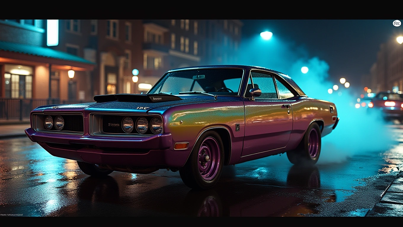 Subject=[ Dodge Dart Swinger 1972 ]
Specs=[customized sculptural fiberglass body molded to resemble bulging muscles, painted striated ombre claret ]
Environment=[ wet city street at night, Squealing tires and a cloud of black smoke on the asphalt ]
Artist_styles=[ Alex Grey and Robert Crumb ]