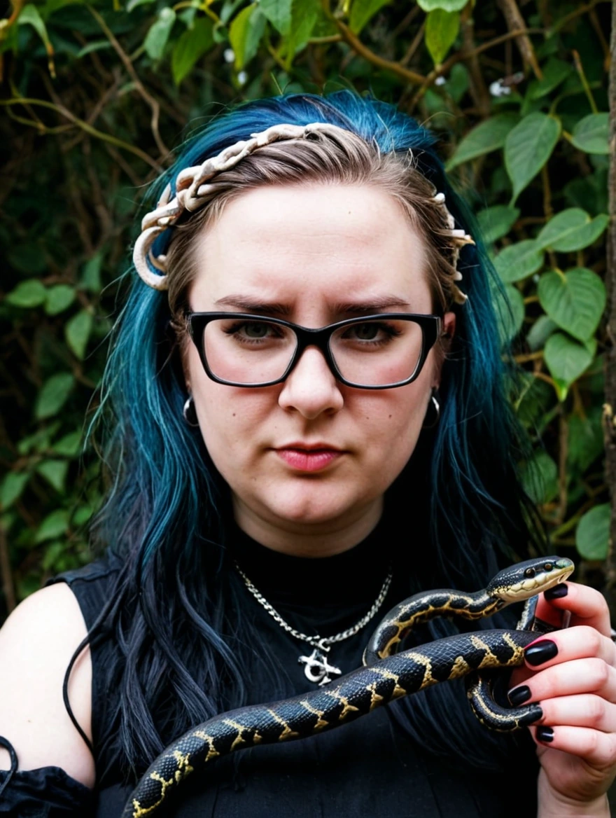 A female goth with piercings and a pet snake