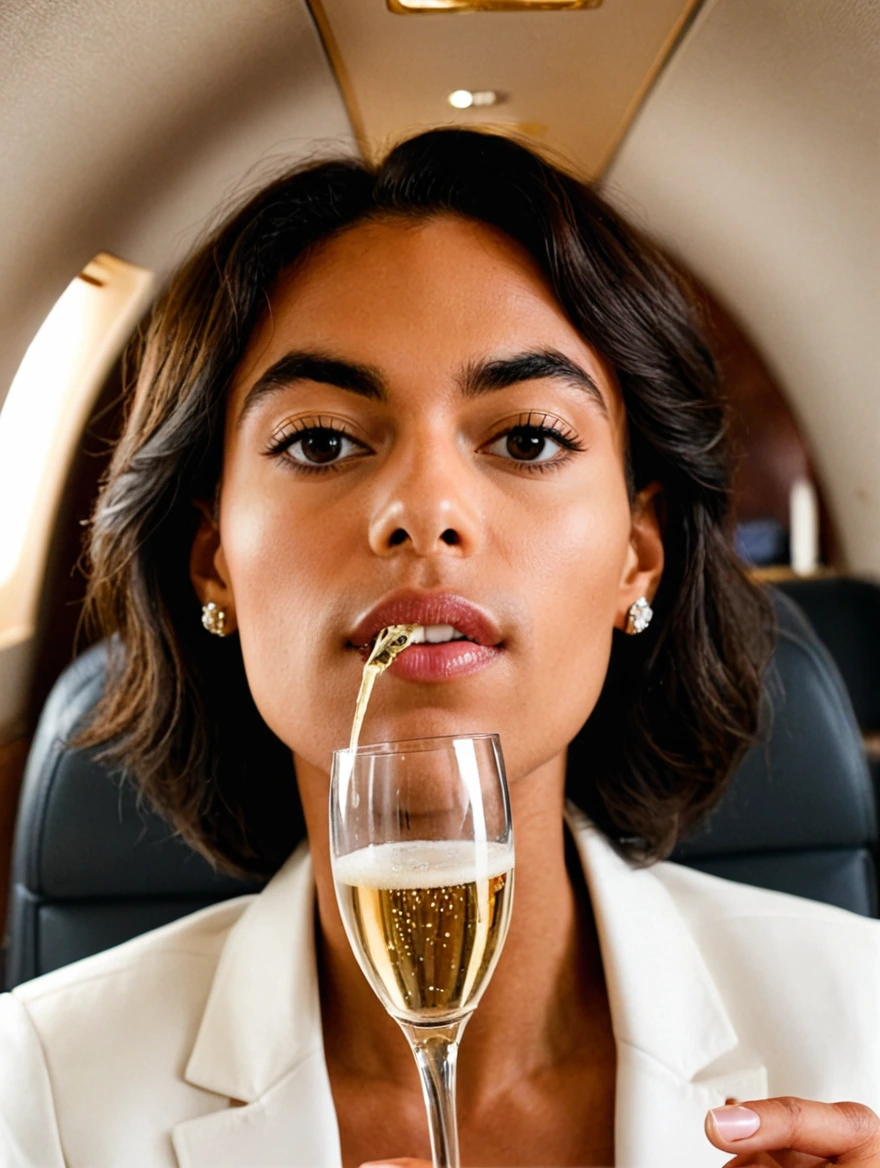 woman drinking champagne on a private jet