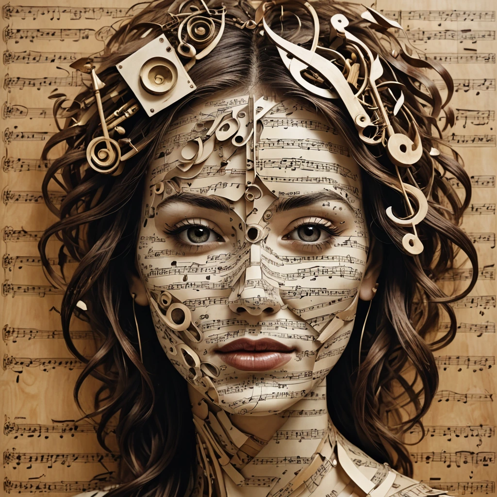 Create a womans face, pieced together from broken musical instruments and music notes