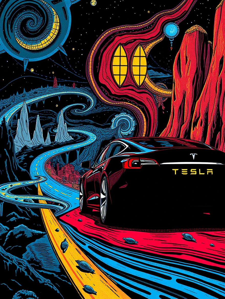 black tesla
flagstaff 
blue streak
24 hours
highway surrealist picasso style, fantastical, magical, unexpected, super detail, dreamy lo-fi photography, colorful, graphic novel style, abstract art