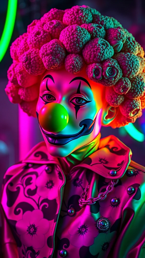 Neon colors, floral, unsettling, retro, vintage, glossy, satin-like, night-time, futuristic, iridescent,green , clown nose, futuristic fashion, scary broccoli whimsical, fantasy, green latex, dystopian, outdoors, metallic, hybrid, water, translucent, eerie, unsettling surrealism, muted colors horrorcore aesthetic [add buxom]