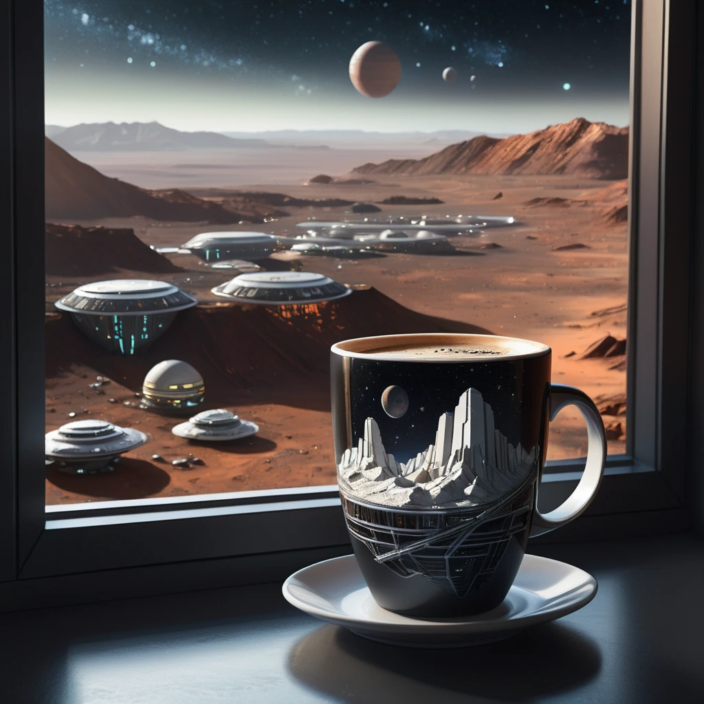 A detailed coffee cup by a window overlooks an Martian mining colony, featuring futuristic, infrastructure. The background is black, dotted with stars.