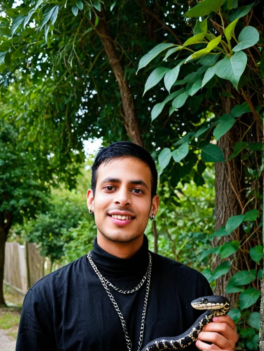 A male goth with piercings and a pet snake