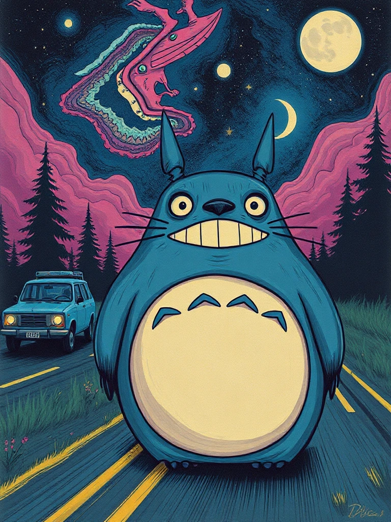 Psychedelic Totoro
flagstaff 
blue streak
24 hours
highway surrealist picasso style, fantastical, magical, unexpected, super detail, dreamy lo-fi photography, colorful, graphic novel style, abstract art