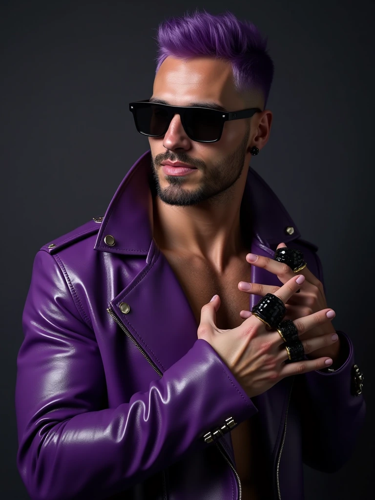 A handsome muscle shirtless man in Purple leather adorned with big black rings, virile, attractive, posing virile, muscle veins, purple hair, short hair lit, estilized short beard, black leather sunglasses, powerful fashion poses, geometric, linear. 8k hyper detailed