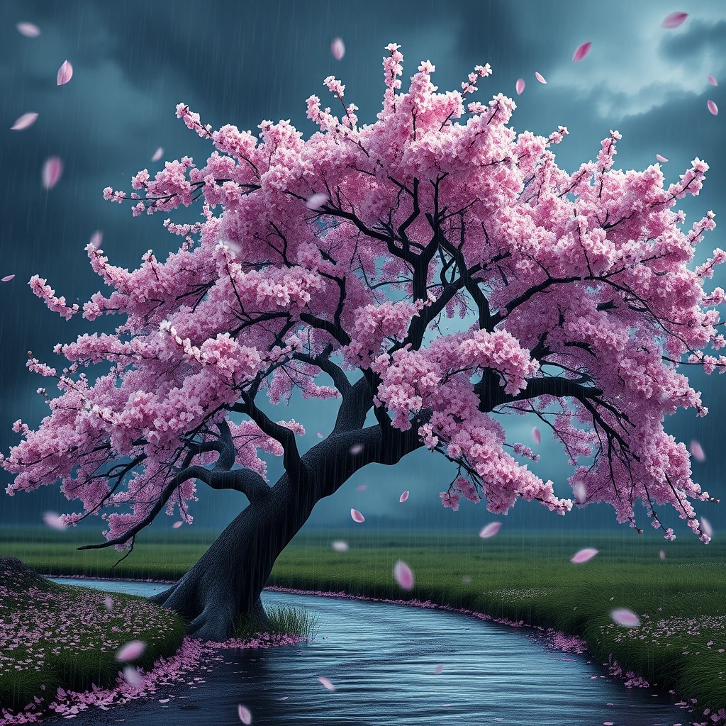 Generate a high-resolution, photorealistic image of a beautiful cherry tree in full bloom by a stream in a rainstorm, petals floating and covering the surrounding ground. The windswept canopy against the stormy sky shapes an illusion of a haunting visage, a demonic skull described by shifting light on the blossoms as the branches are blown by strong swirling winds.
, hyper-detailed, night, rendered in 8k resolution.