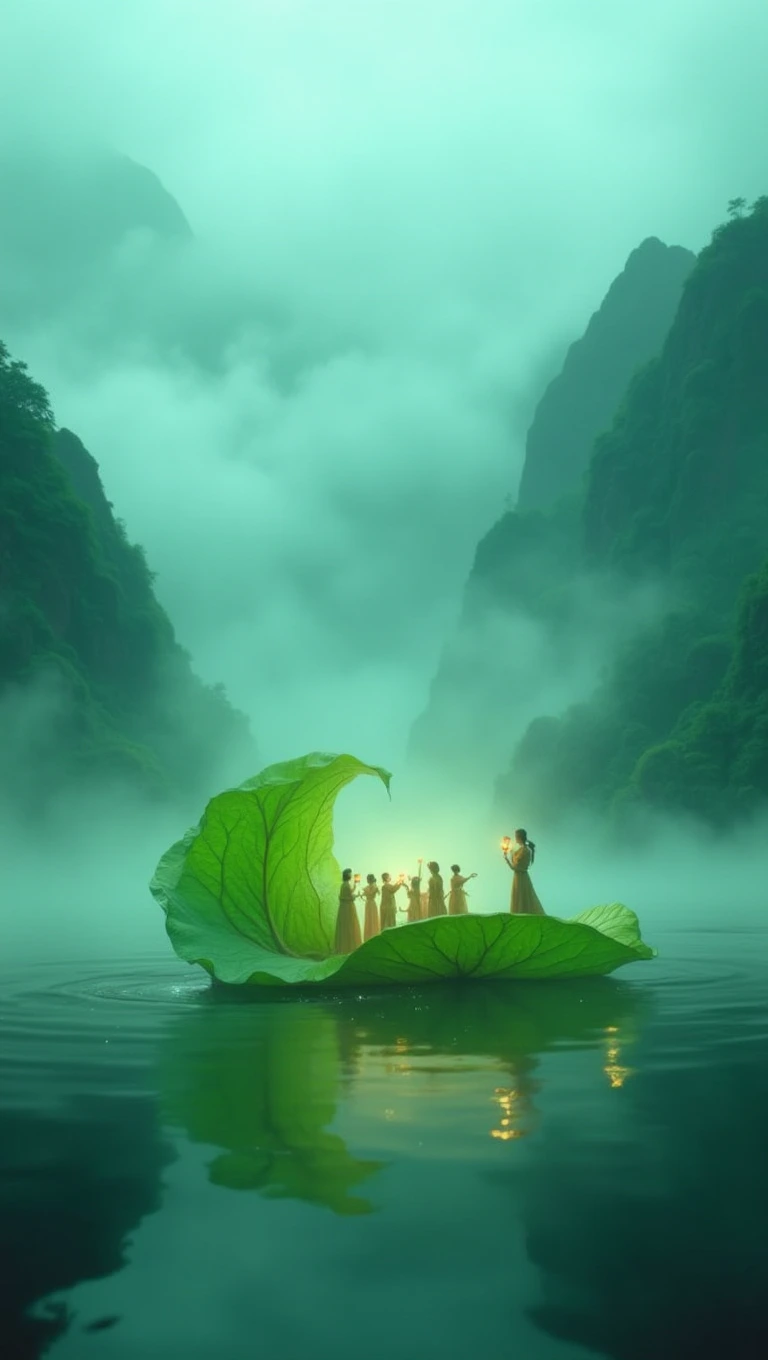 Create an image of a surreal, enchanting scene set in a serene extremely foggy and misty valley surrounded by towering, lush green mountains. In the middle of a calm lake, depict a giant, vibrant green leaf functioning as a boat, with intricate veins clearly visible. On this leaf-boat, position a group of people, some holding lanterns, all dressed in traditional Asian attire, creating a mystical and harmonious atmosphere. Ensure the lighting emphasizes the translucence of the leaf and casts soft reflections on the water. The overall mood should be magical, foggy, tranquil, and otherworldly.