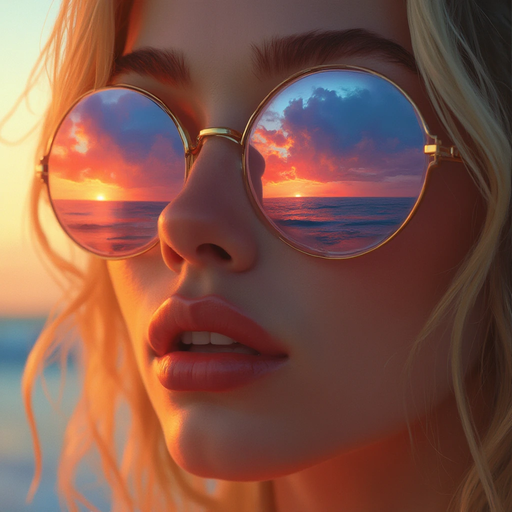 Close-up portrait of a woman wearing round  transparent sunglasses, reflecting a vibrant sunset over the ocean. Half her face is warm-toned, half cool-toned. Dramatic clouds in shades of orange and blue surround her. Hyper-realistic digital painting style. The woman has full lips and wavy blonde hair. Intense contrast and vivid colors. Surreal and dreamlike atmosphere. 8K resolution, highly detailed.