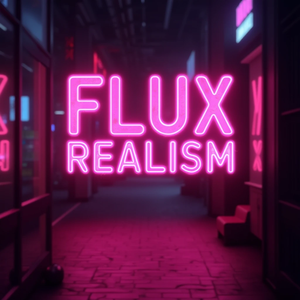 A big pink neon sign with the text "Flux Realism Demo", blurred cyberpunk background