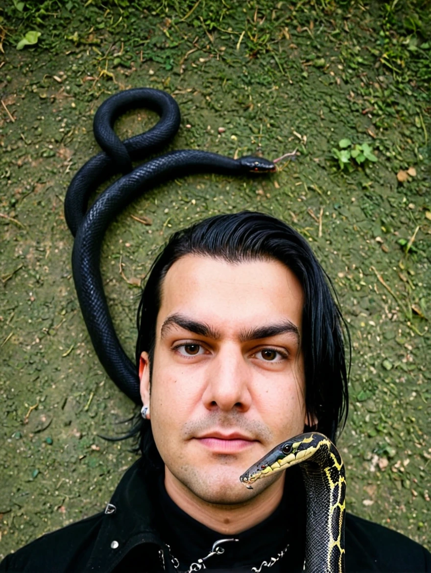 A male goth with piercings and a pet snake