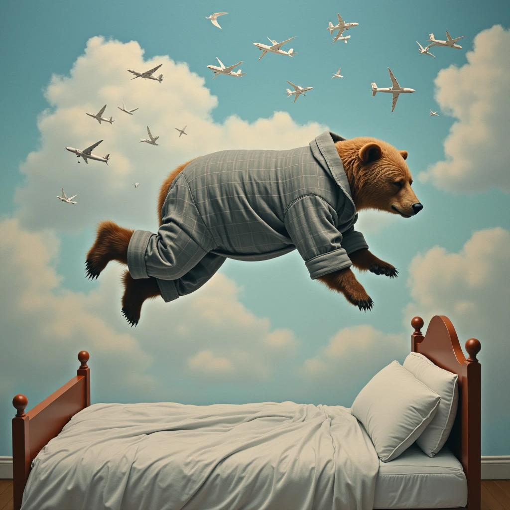 A surreal image of a cosy bedroom full of white clouds floating with birds and small aircraft with a bear levitating horizontally above a bed. The bear is wearing a gray plaid pajama, and appears to be in a deep sleep or relaxed state, with his eyes closed. while the rest of his body is suspended in the air. Surrealistic oil painting, highly detailed, blended colours, rich textures