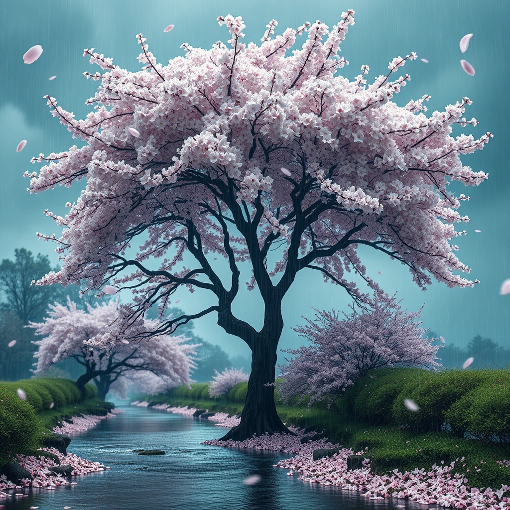 Generate a high-resolution, photorealistic image of a beautiful cherry tree in full bloom by a stream in a rainstorm, petals floating and covering the surrounding ground. The windswept canopy against the stormy sky shapes an illusion of a haunting visage, a demonic skull described by shifting light on the blossoms as the branches are blown by strong swirling winds.
, hyper-detailed, night, rendered in 8k resolution.