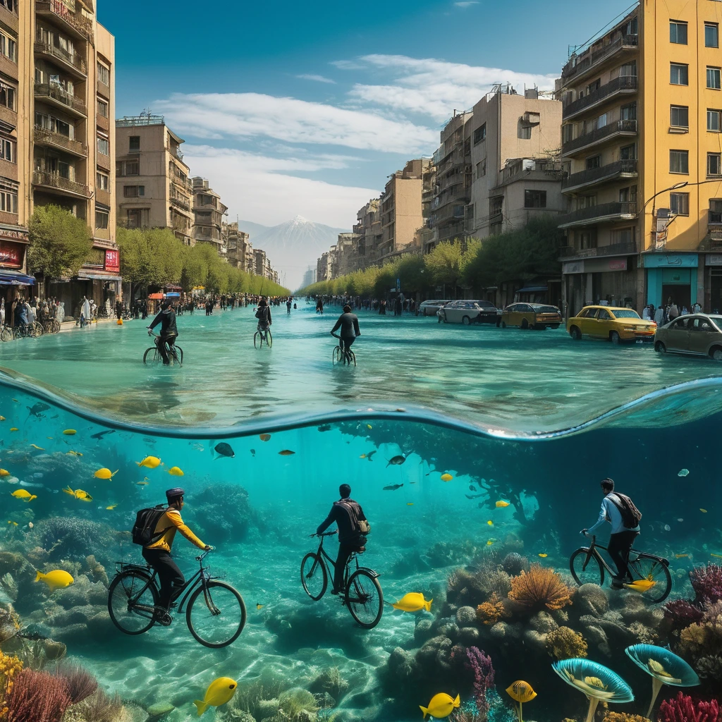 An artistic postcard showcasing the surreal city scene of Tehran submerged underwater. Hundreds of people exploring the ocean floor with bicycles, creating a bustling and unique underwater world. Crystal clear UHD quality, capturing the vibrant colors and details of the submerged city. The image is filled with curious tourists admiring the unexpected beauty of Tehran beneath the waves, making it a cinematic and mesmerizing movie still in postcard format.