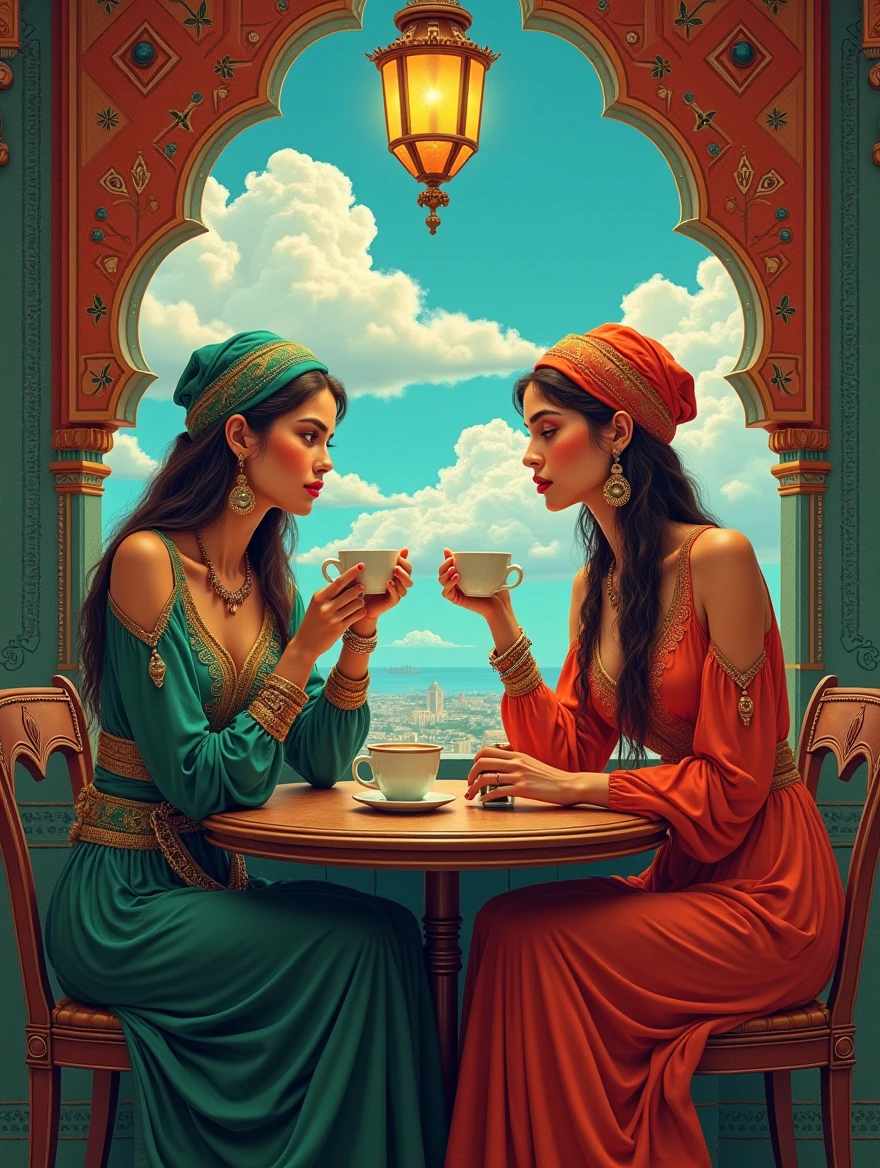 ancestors graphic novel style, a, digital painting of two women stunning beautiful exotic ladies sitting in an arabian style cafe enjoying morning coffee. medieval illuminated manuscript, surrealist style, fantastical, magical, unexpected, super detail, dreamy lo-fi photography, colorful