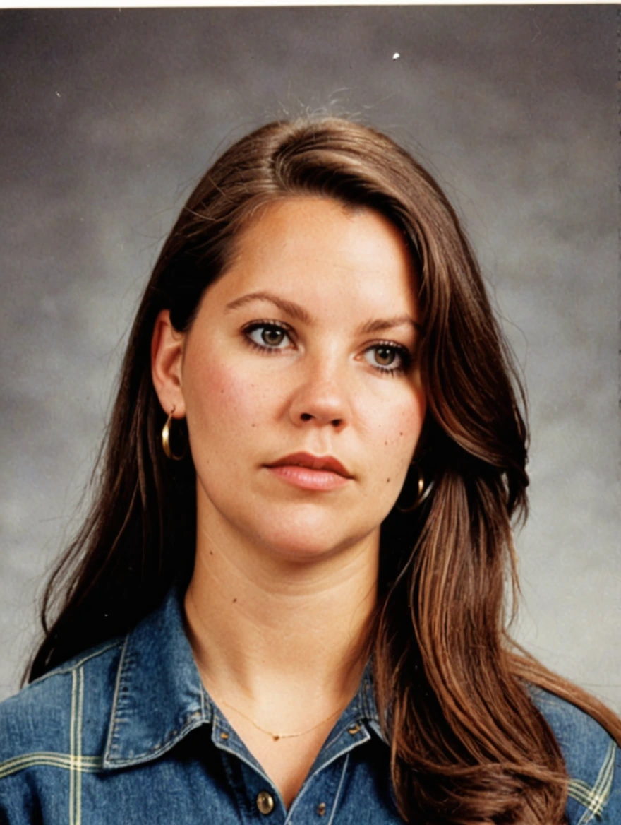 A 1993 yearbook photo of female high school student, plaid, jeans, hairspray, mini-skirts