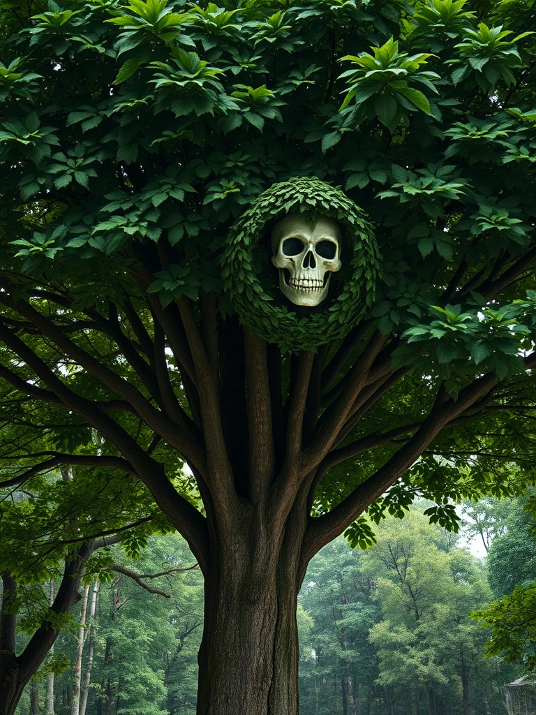 A breathtakingly realistic 8K resolution photograph of a large, lush tree in a tranquil forest setting. The dense canopy of green leaves at the top of the tree has been meticulously arranged to form the subtle yet unmistakable outline of a demonic skull face. The skull is crafted entirely from the natural shapes and textures of the leaves, with the background forest visible through the spaces between the leaves to create the impression of the skull's features. The design is remarkably intricate, requiring close inspection to fully discern the eerie visage hidden within the treetop. The lighting is natural and the details are crisp, creating a sense of photographic realism. Everything about the image, from the tree's majestic form to the unsettling skull hidden within, should captivate the viewer's attention.