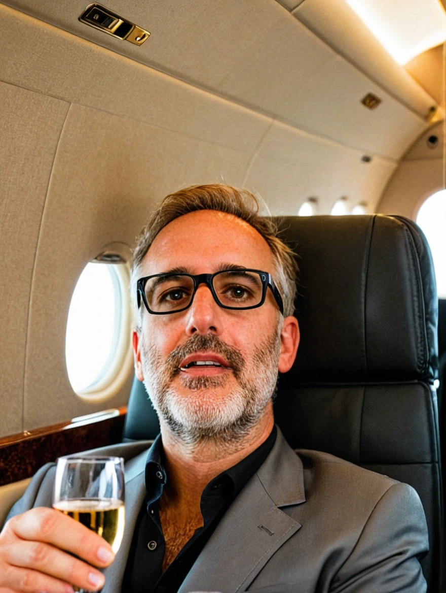 man drinking champagne on a private jet