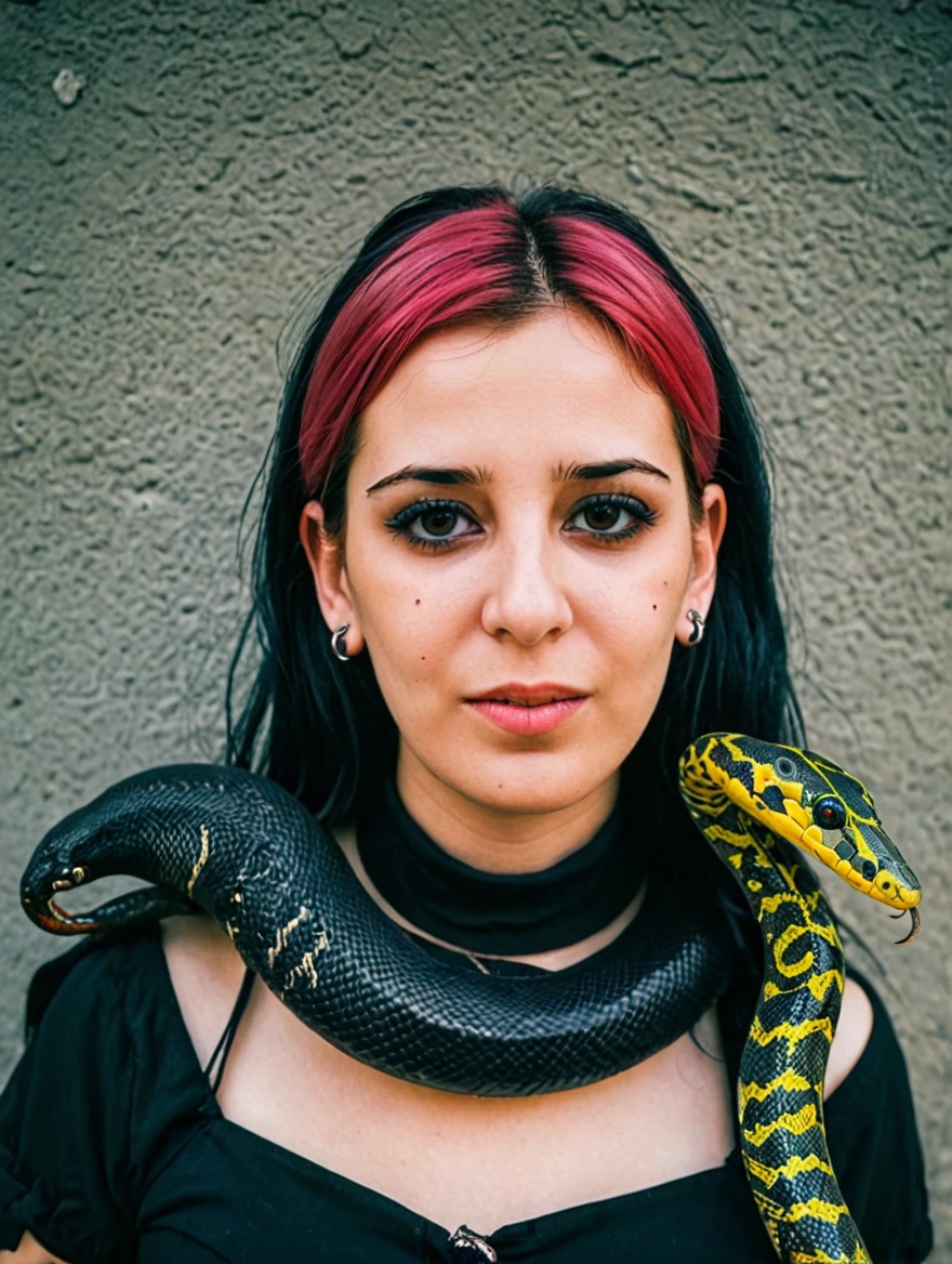 A female goth with piercings and a pet snake