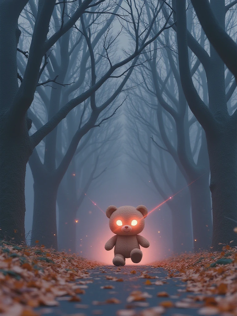 An astrophotograph of a foggy tunnel formed by intermingled and tangled branches of tall trees, with a teddy bear with lights in eyes, zooming through the scene, kicking up a trail of autumn leaves from the road. The atmosphere is mystical with soft, ethereal light filtering through the fog. The teddy bear's eyes cast beams through the mist, creating a sense of motion and speed. Stars faintly twinkle through gaps in the trees, adding a cosmic, dreamy element to the otherwise eerie, woodland setting.