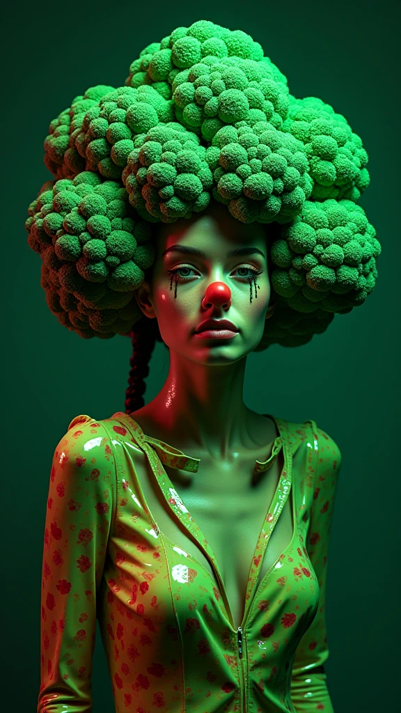 Neon colors, floral, unsettling, retro, vintage, glossy, satin-like, night-time, futuristic, iridescent,green , clown nose, futuristic fashion, scary broccoli whimsical, fantasy, green latex, dystopian, outdoors, metallic, hybrid, water, translucent, eerie, unsettling surrealism, muted colors horrorcore aesthetic [add buxom]