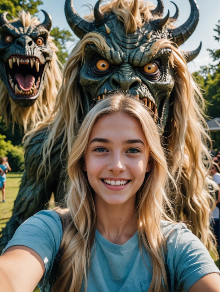 Blonde teenage girl photobombed by a monster while taking a selfie