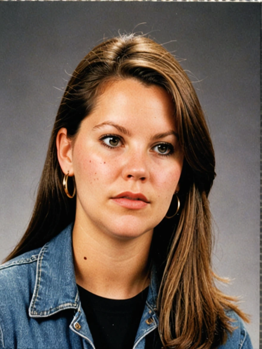 A 1993 yearbook photo of female high school student, plaid, jeans, hairspray, mini-skirts