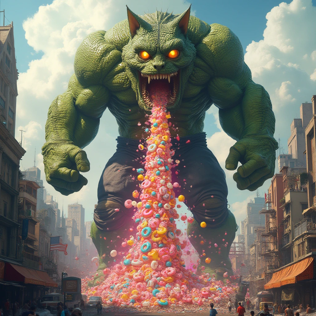 A towering, larger-than-life hulk with reptilian cat-like eyes gleaming with power and mischief, unleashes a vibrant stream of assorted donut chunks vomit from its jaws. The chaotic scene unfolds in a bustling cityscape below, with buildings crumbling and colorful magic adding an element of destruction in this photorealistic depiction.